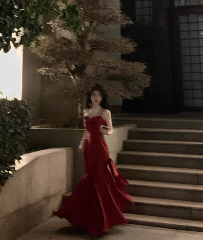 Stunning Mermaid Spaghetti Straps Long Wine Red Prom Dress Birthday Outfits P465