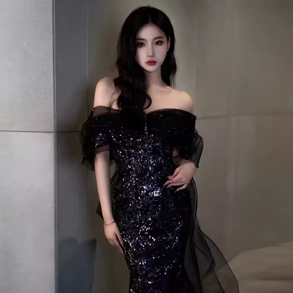 Sexy Mermaid Long Black Sequin Prom Dresses With Cap Sleeves Long Prom Dress P475