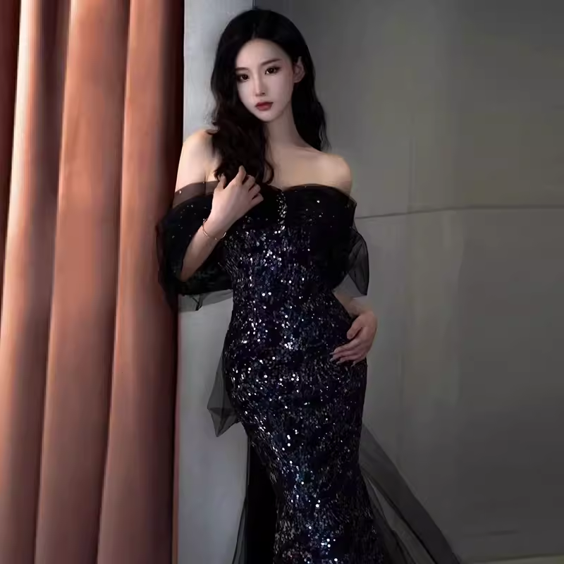 Sexy Mermaid Long Black Sequin Prom Dresses With Cap Sleeves Long Prom Dress P475