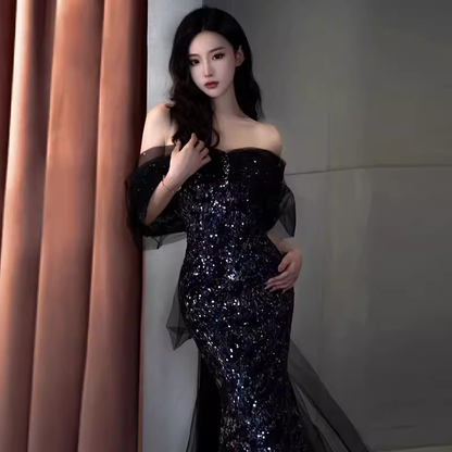Sexy Mermaid Long Black Sequin Prom Dresses With Cap Sleeves Long Prom Dress P475