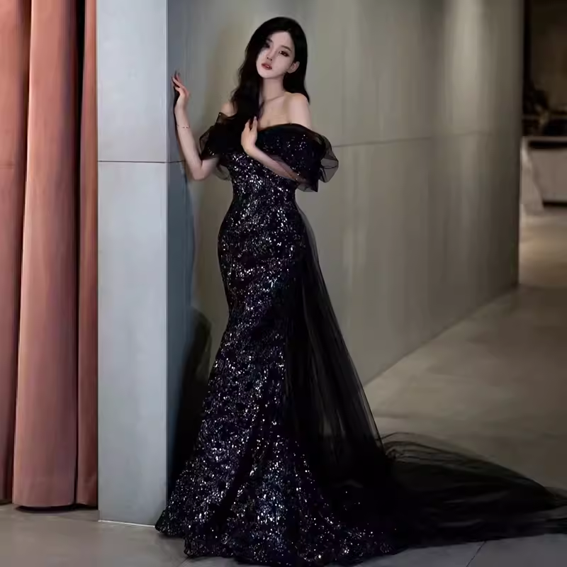 Sexy Mermaid Long Black Sequin Prom Dresses With Cap Sleeves Long Prom Dress P475