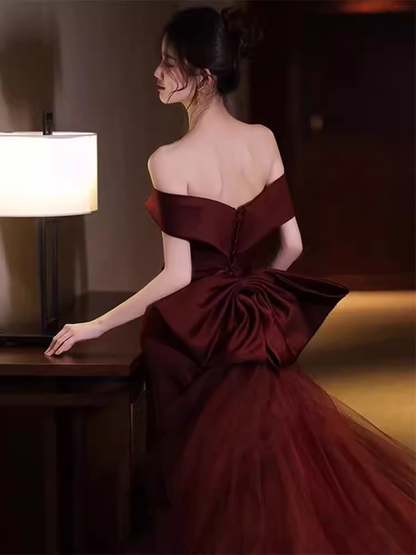 Mermaid Off Shoulder Evening Dress with Bow Burgundy Prom Dress P608
