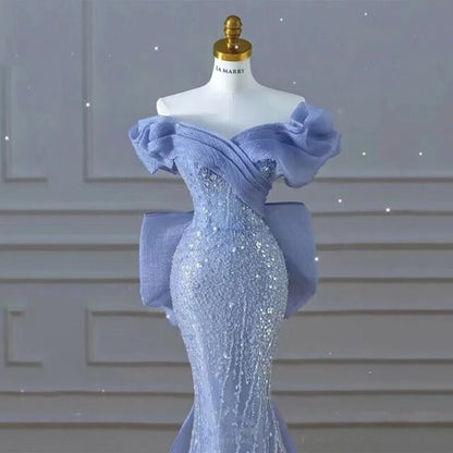 Sparkly Blue Prom Dresses With Bow Sequins Off The Shoulder Prom Dress P605