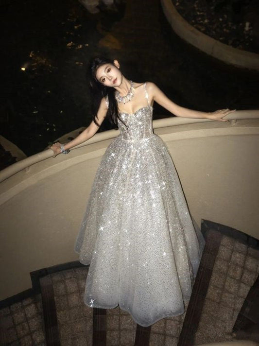 Ball Gown Long Prom Dress Straps Sequin Silver Evening Dress P923