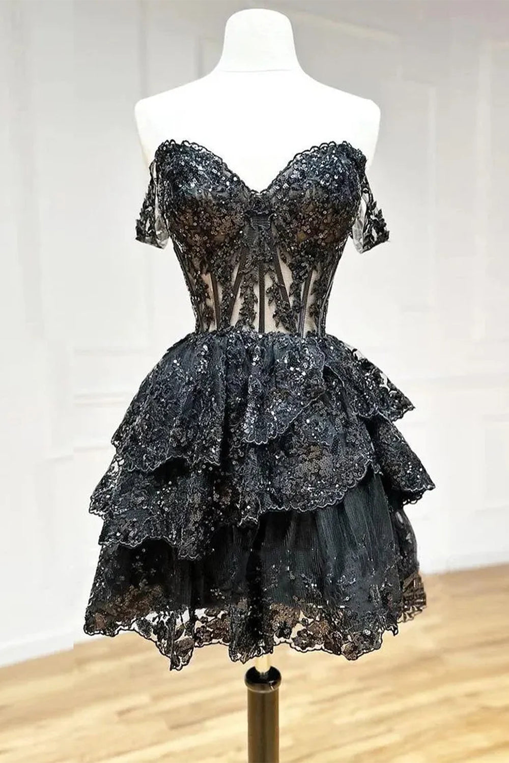 Sparkly A Line Homecoming Dress with Off the Shoulder Neckline Short Tiered Sequin Skirt