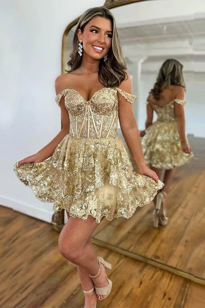 Sparkly A Line Homecoming Dress with Off the Shoulder Neckline Short Tiered Sequin Skirt