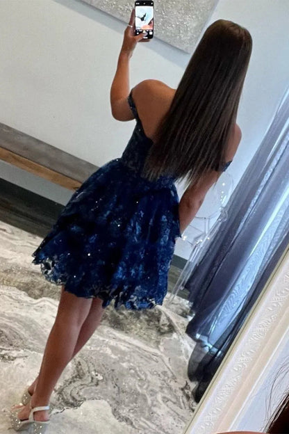 Sparkly A Line Homecoming Dress with Off the Shoulder Neckline Short Tiered Sequin Skirt