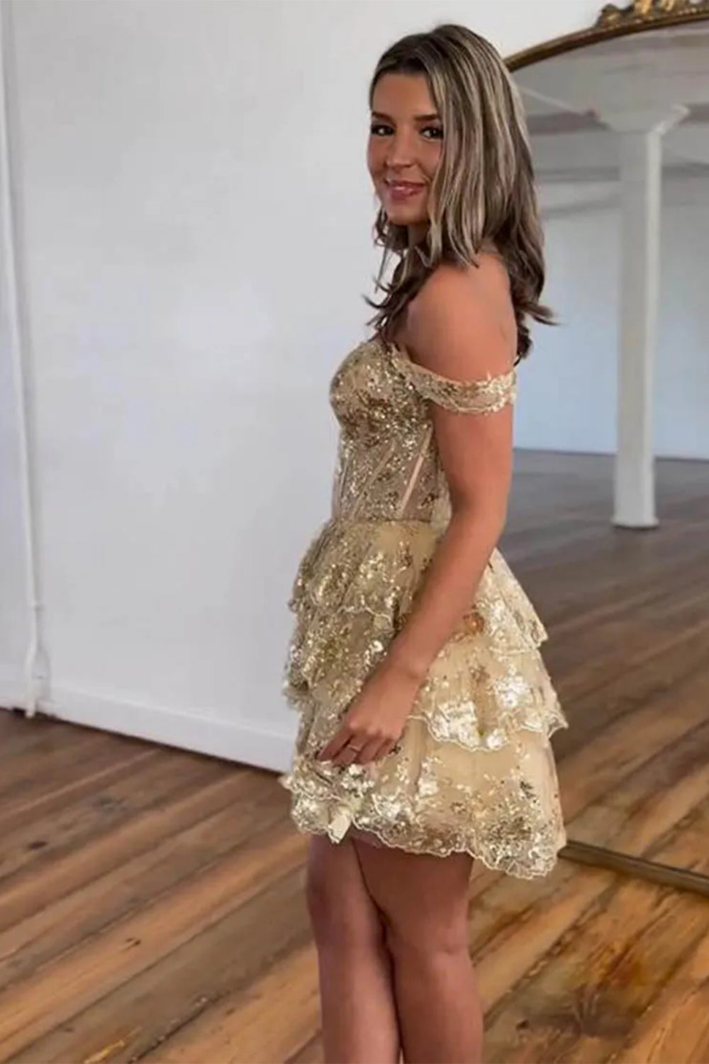 Sparkly A Line Homecoming Dress with Off the Shoulder Neckline Short Tiered Sequin Skirt