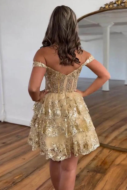 Sparkly A Line Homecoming Dress with Off the Shoulder Neckline Short Tiered Sequin Skirt