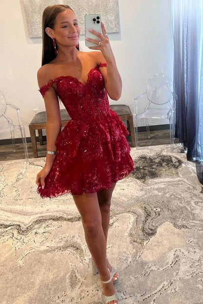 Sparkly A Line Homecoming Dress with Off the Shoulder Neckline Short Tiered Sequin Skirt
