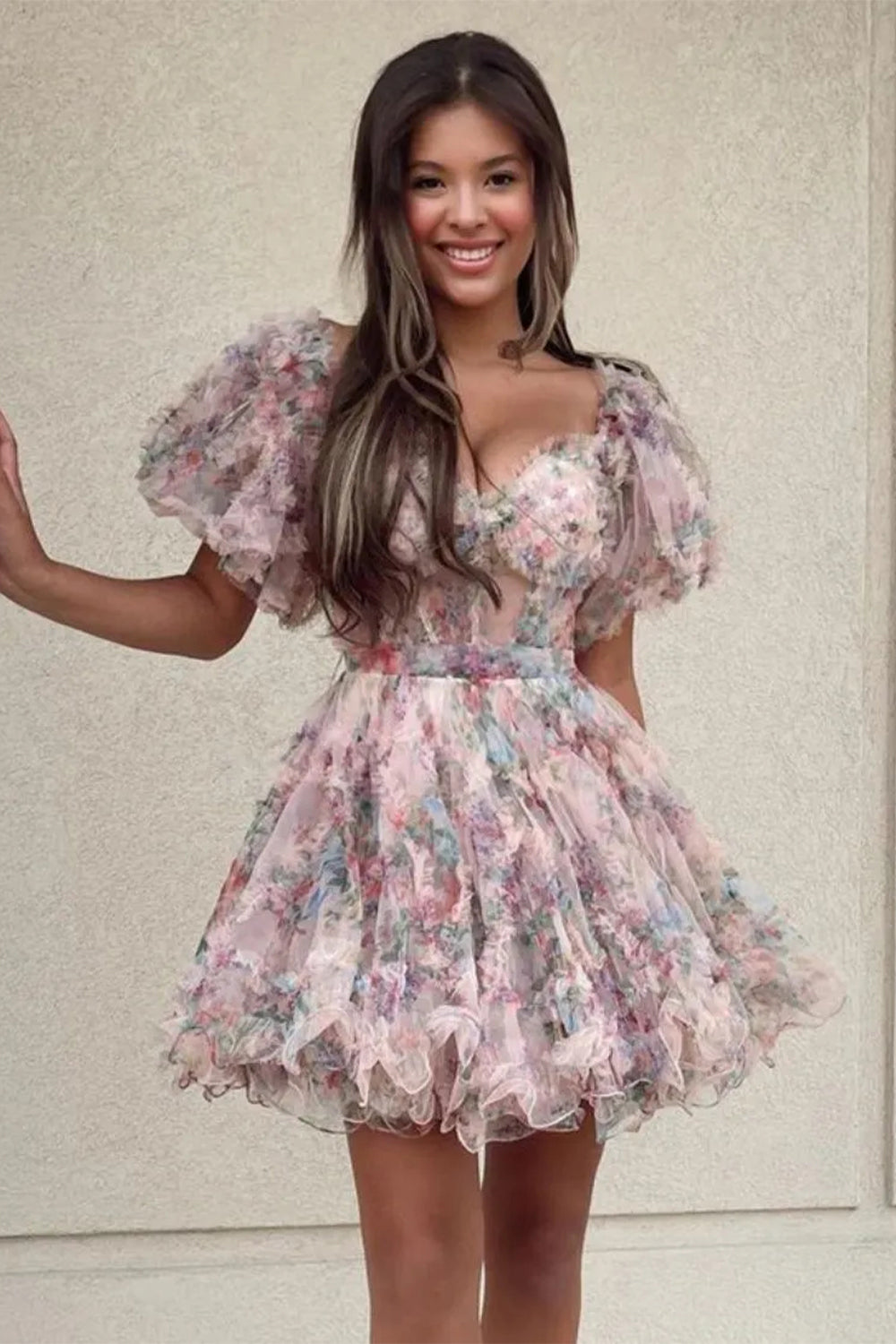Cute Floral Print A Line Homecoming Dress with Off the Shoulder Neckline and Short Length