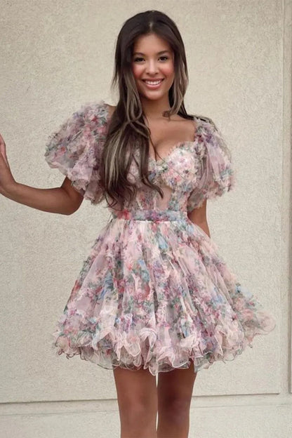 Cute Floral Print A Line Homecoming Dress with Off the Shoulder Neckline and Short Length
