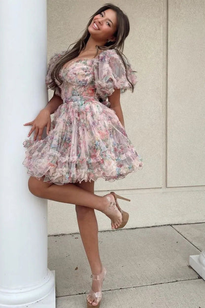 Cute Floral Print A Line Homecoming Dress with Off the Shoulder Neckline and Short Length