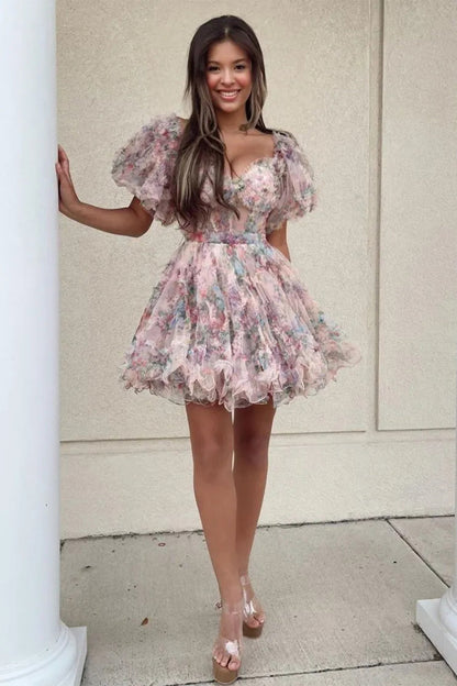 Cute Floral Print A Line Homecoming Dress with Off the Shoulder Neckline and Short Length