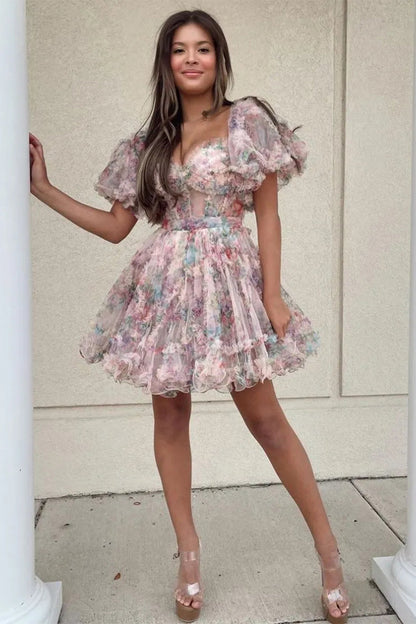Cute Floral Print A Line Homecoming Dress with Off the Shoulder Neckline and Short Length