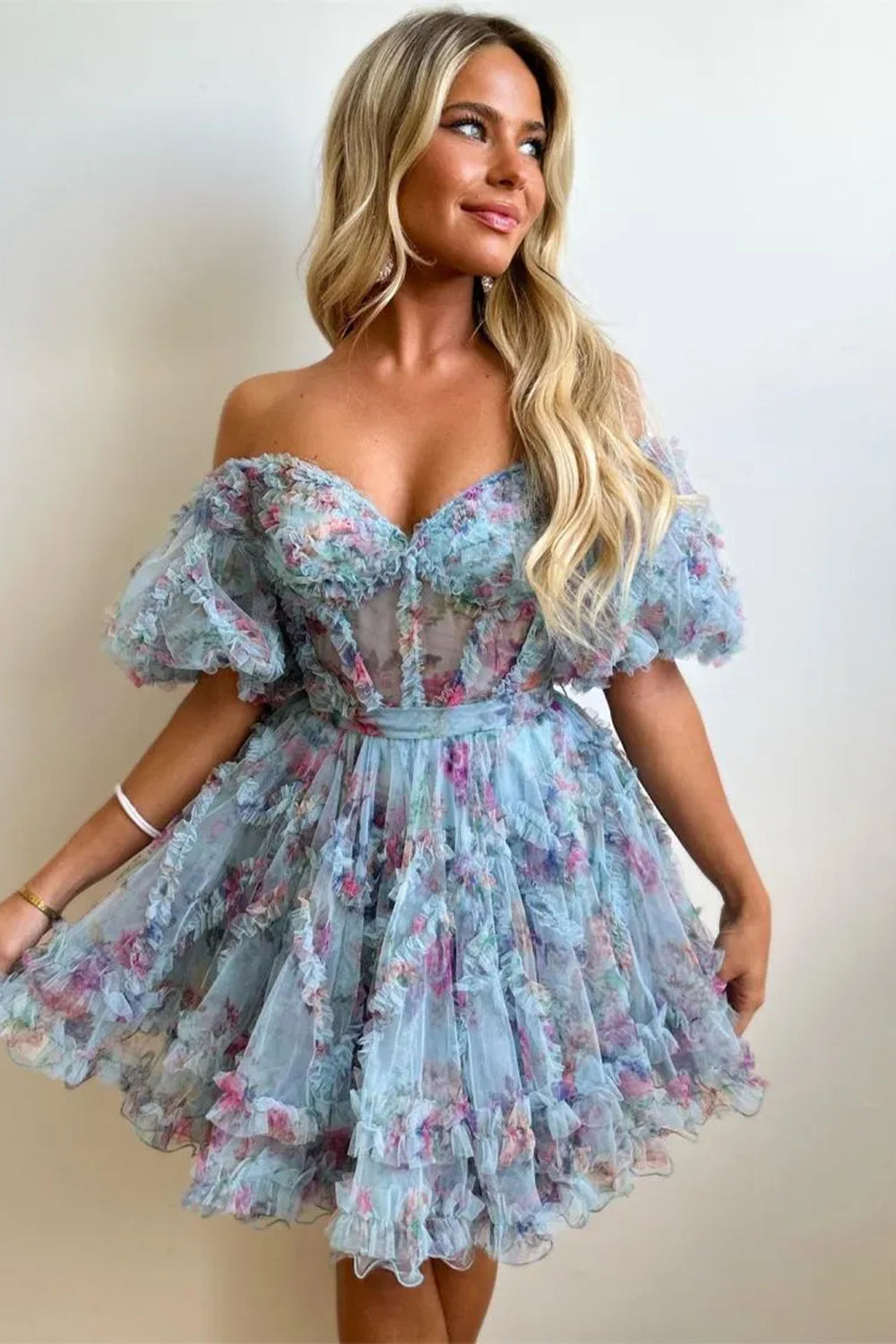 Cute Floral Print A Line Homecoming Dress with Off the Shoulder Neckline and Short Length