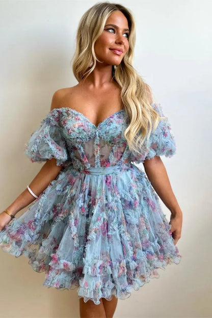 Cute Floral Print A Line Homecoming Dress with Off the Shoulder Neckline and Short Length