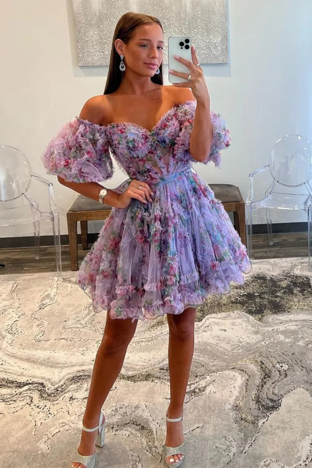 Cute Floral Print A Line Homecoming Dress with Off the Shoulder Neckline and Short Length