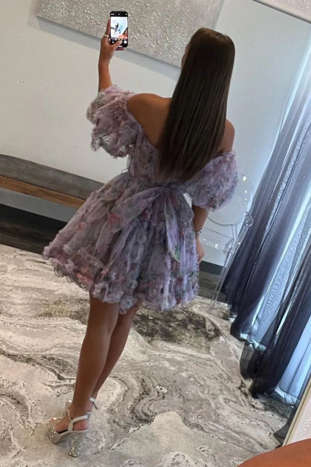 Cute Floral Print A Line Homecoming Dress with Off the Shoulder Neckline and Short Length