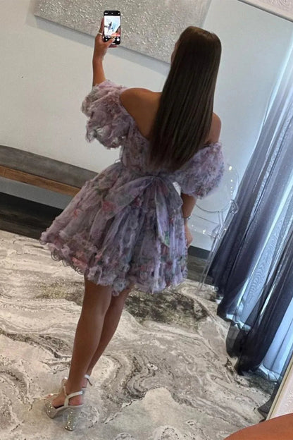 Cute Floral Print A Line Homecoming Dress with Off the Shoulder Neckline and Short Length