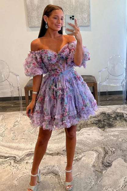 Cute Floral Print A Line Homecoming Dress with Off the Shoulder Neckline and Short Length