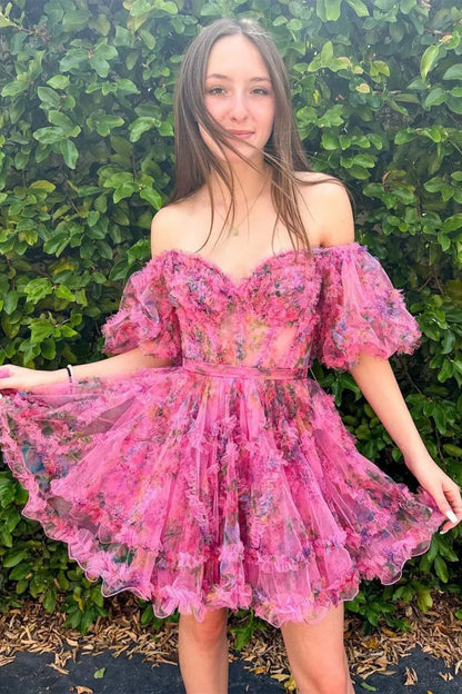 Cute Floral Print A Line Homecoming Dress with Off the Shoulder Neckline and Short Length