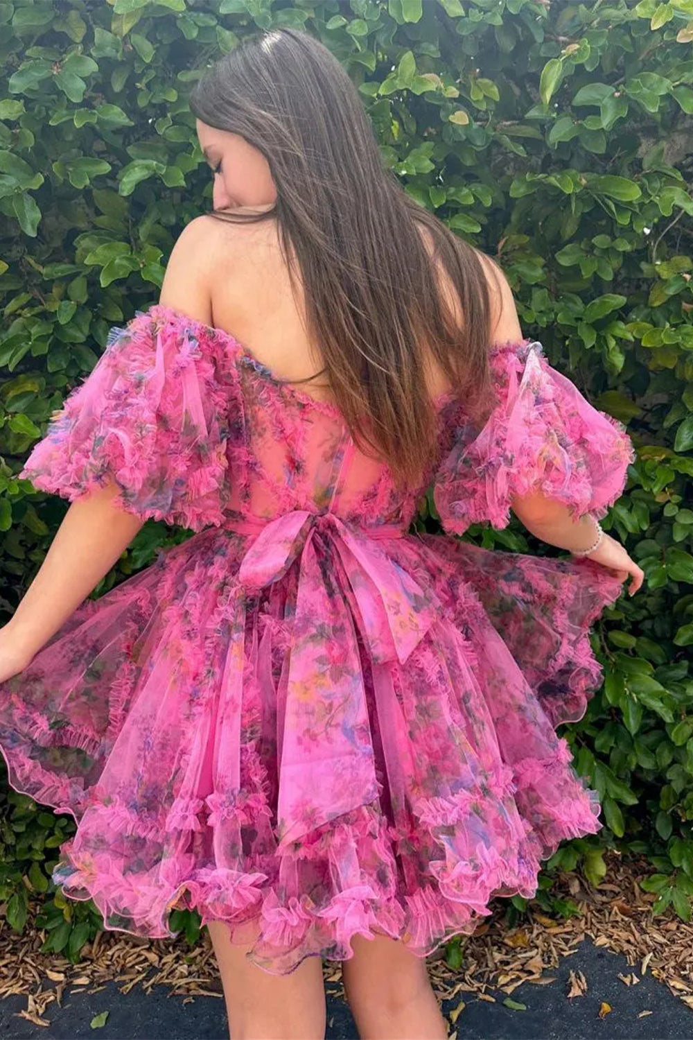 Cute Floral Print A Line Homecoming Dress with Off the Shoulder Neckline and Short Length