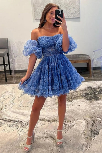 Stunning Floral Print A Line Homecoming Dress with Tulle Fabric and Removable Sleeves