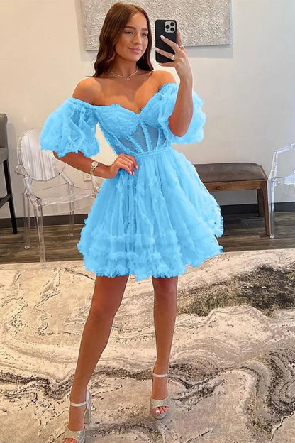 Elegant Short Tulle Homecoming Dress with Off The Shoulder Neckline and A Line Silhouette