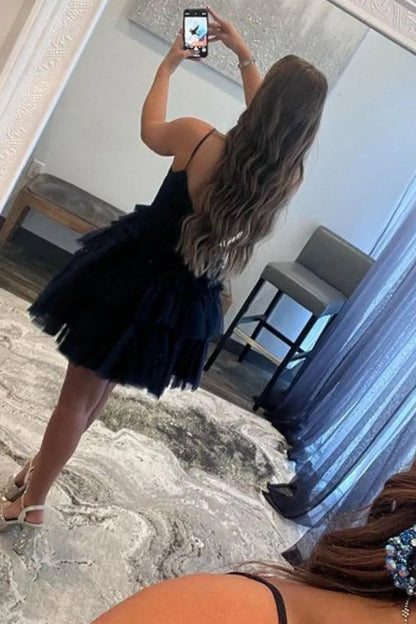 Cute Layered Tulle Homecoming Dress with A Line Silhouette and Spaghetti Strap Bodice