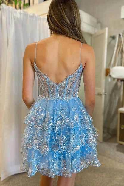 Three Layer Short Homecoming Dress with Spaghetti Straps and Sparkling Appliques