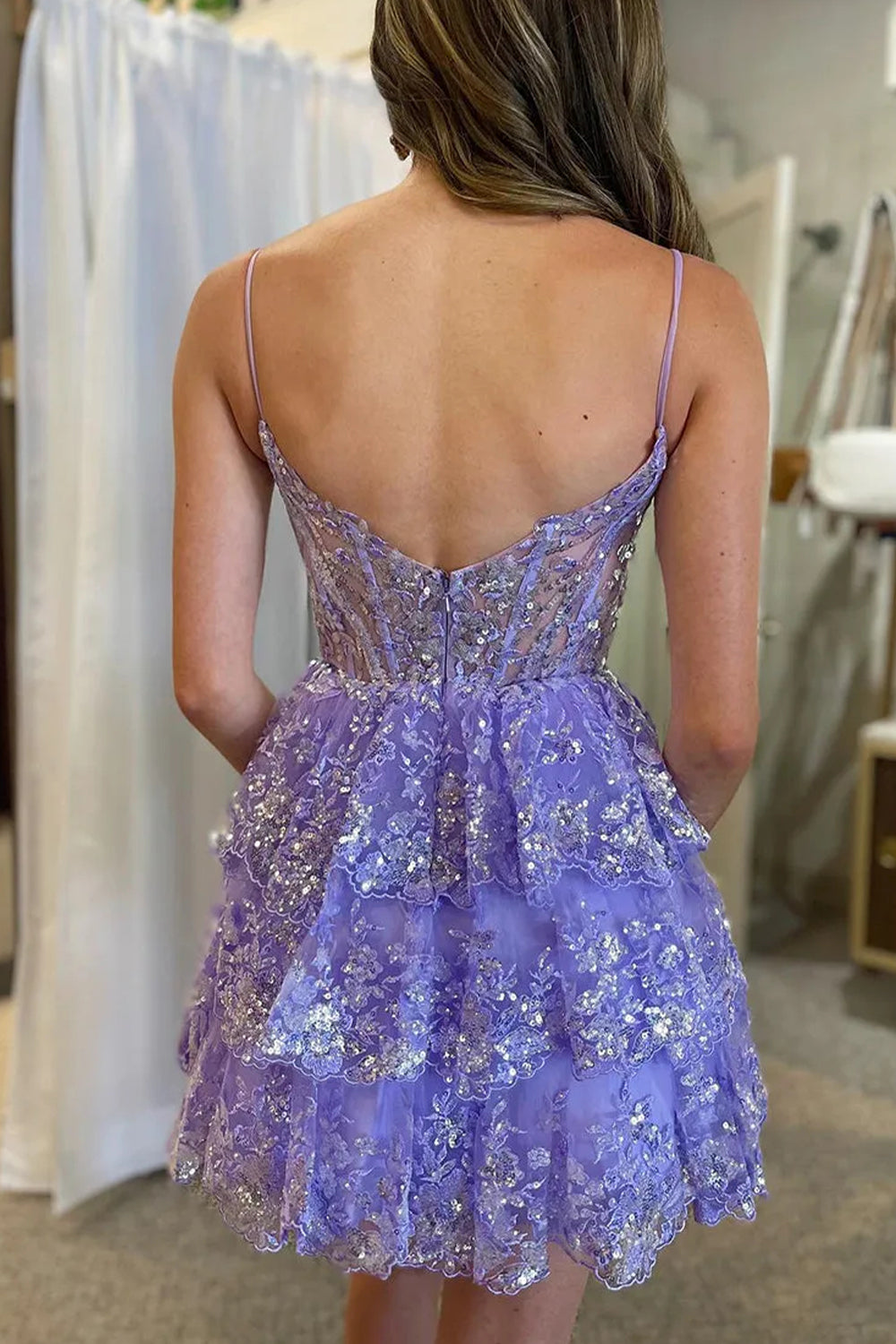 Three Layer Short Homecoming Dress with Spaghetti Straps and Sparkling Appliques