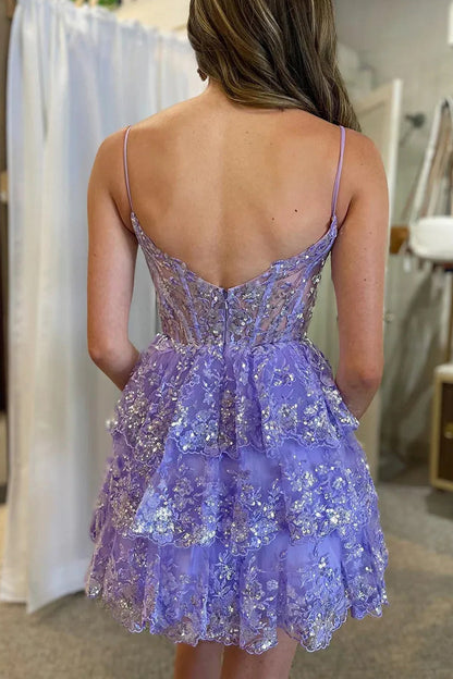 Three Layer Short Homecoming Dress with Spaghetti Straps and Sparkling Appliques