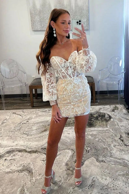 Fitted Lace Homecoming Dress with Sweetheart Neck and Detachable Sleeves