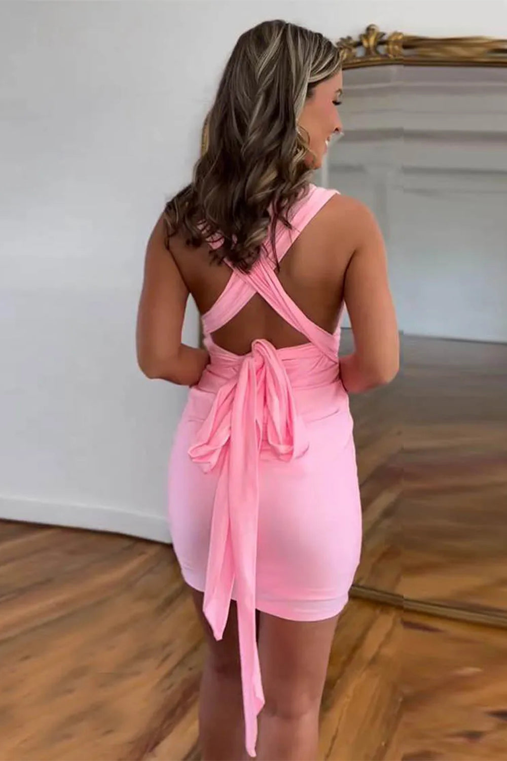 Convertible Straps Tight Homecoming Dress with Pleats and Open Back