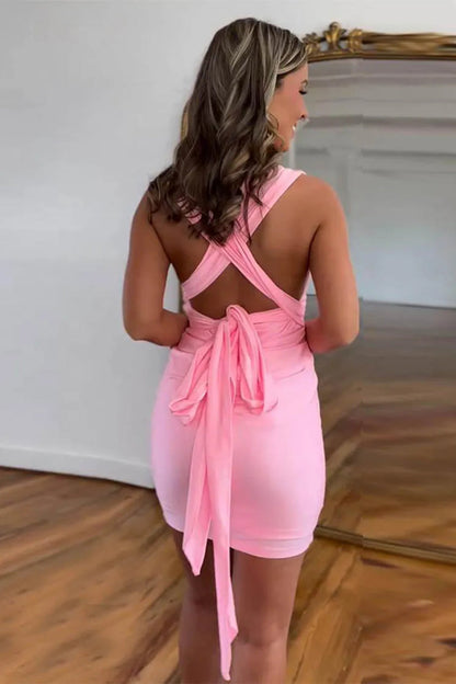 Convertible Straps Tight Homecoming Dress with Pleats and Open Back