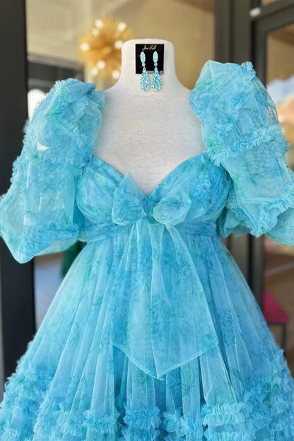 Charming A-Line Silhouette with Puff Sleeves and Floral Tulle Layers Homecoming Dress