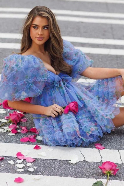Charming A-Line Silhouette with Puff Sleeves and Floral Tulle Layers Homecoming Dress