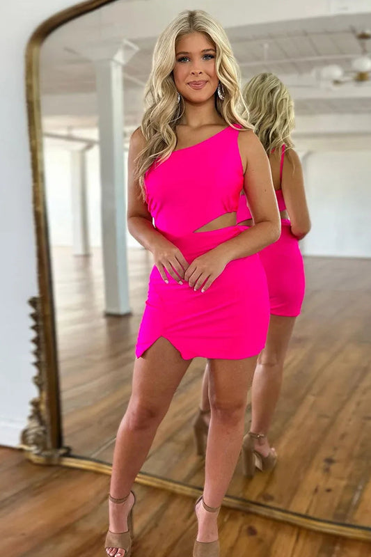 Hot Pink One-Shoulder Bodycon Homecoming Dress with Cut-Out Detail