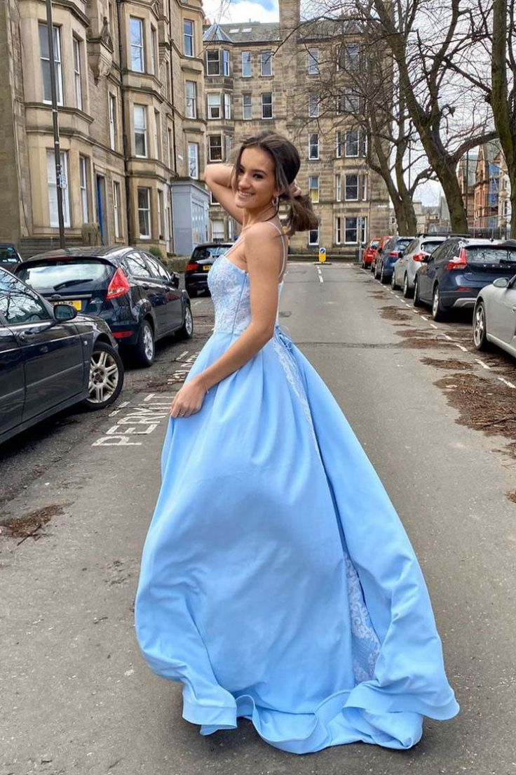 Light Blue Spaghetti Strapless Satin Lace Long Prom Dress,Elegant Evening Dresses SH854