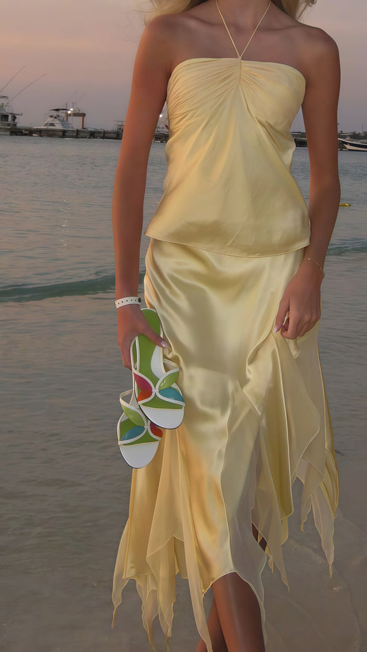 Pastel Yellow Halter Party Dresses Two Pieces Ruffle Homecoming Dress,AST1837