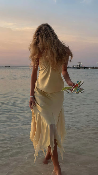 Pastel Yellow Halter Party Dresses Two Pieces Ruffle Homecoming Dress,AST1837