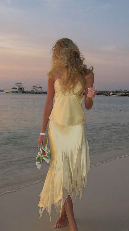 Pastel Yellow Halter Party Dresses Two Pieces Ruffle Homecoming Dress,AST1837