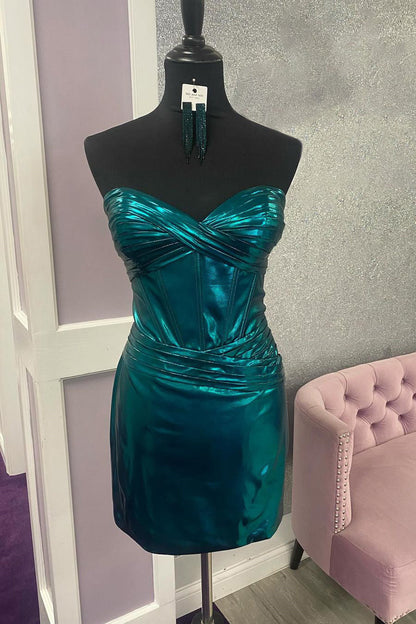 Peacock Blue Bodycon Homecoming Dress with Sweetheart Neckline and Metallic Finish