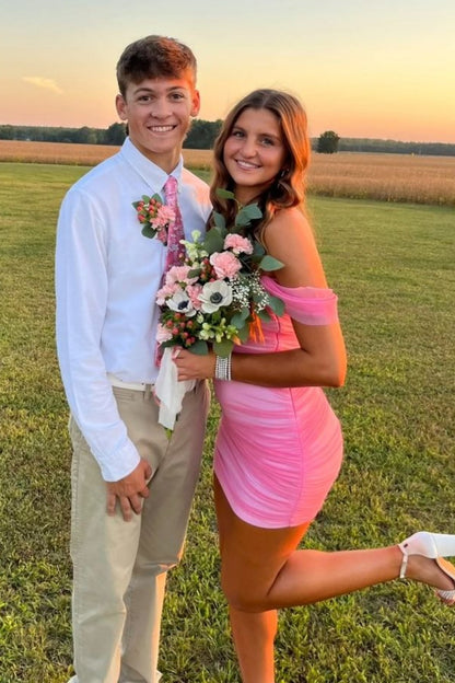 Off the Shoulder Pink Tight Semi Formal Dress for Woman