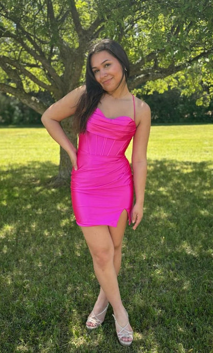 Fuchsia Spaghetti Straps Tight Homecoming Dress, AST1360