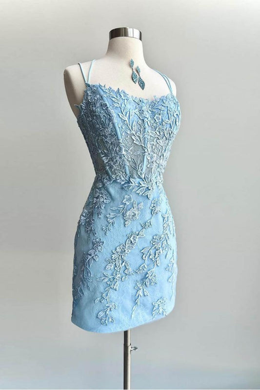 Pretty Blue Spaghetti Straps Short Tight Homecoming Dress With Appliques