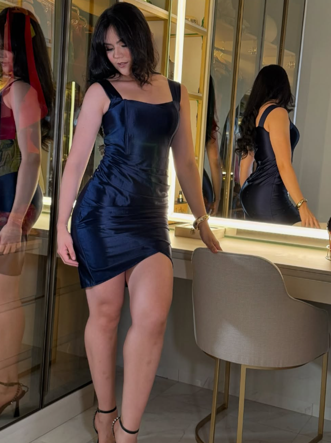 Navy Blue Sheath Strap Satin Short Homecoming Dress Evening Dress SH2118