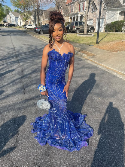 Elegant Royal Blue Sequin Beaded Appliques Mermaid Prom Dress Evening Dress SH982