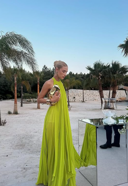 Yellow green fashion pleated backless long elegant chiffon ball gown evening dress party dress gh3127